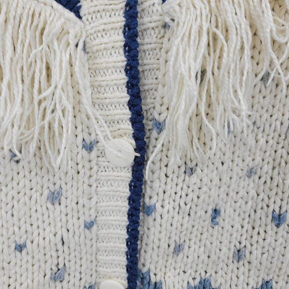 Vintage 80s Western Cardigan Sweater M Blue Cream Fringe Hand Knit Button Up - Picture 7 of 12